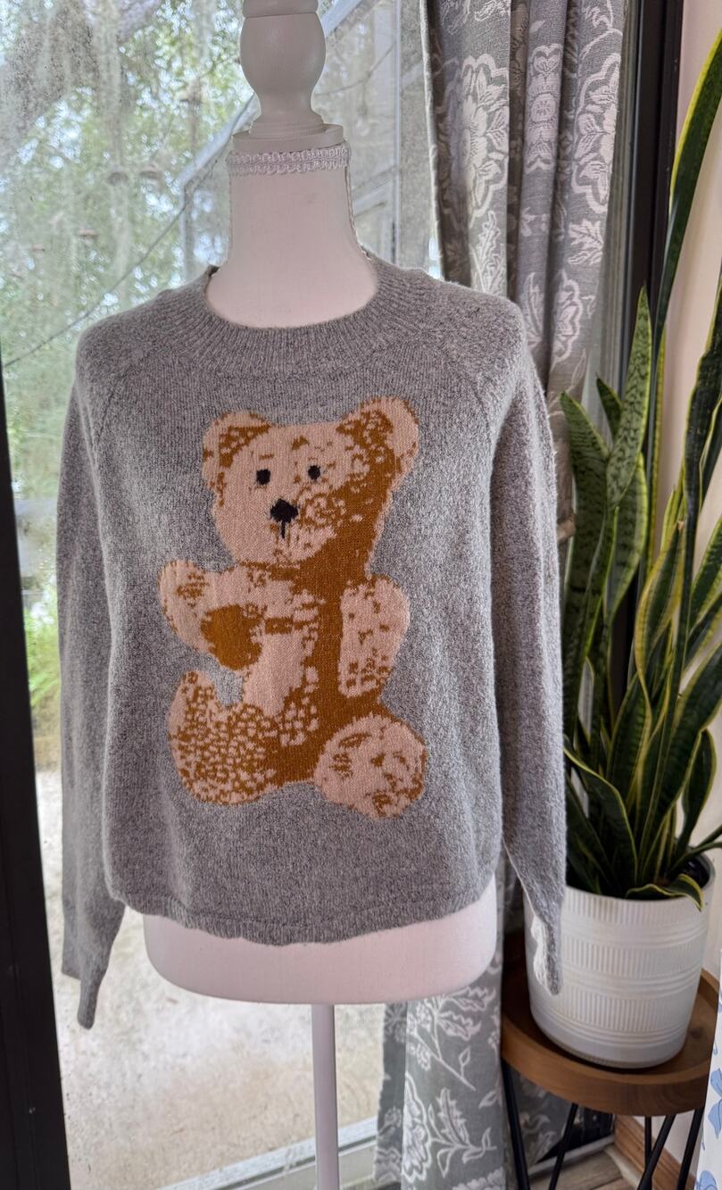 Aqua Blues gray teddy bear knit sweater L cropped twee Y2K